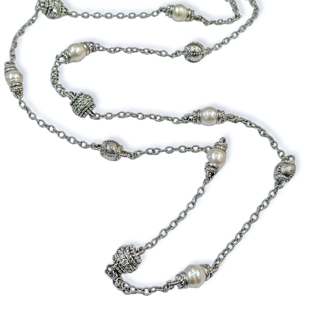 Judith Ripka 925 Sterling 36” Necklace with Cubic Zirconia and Pearl Accents
